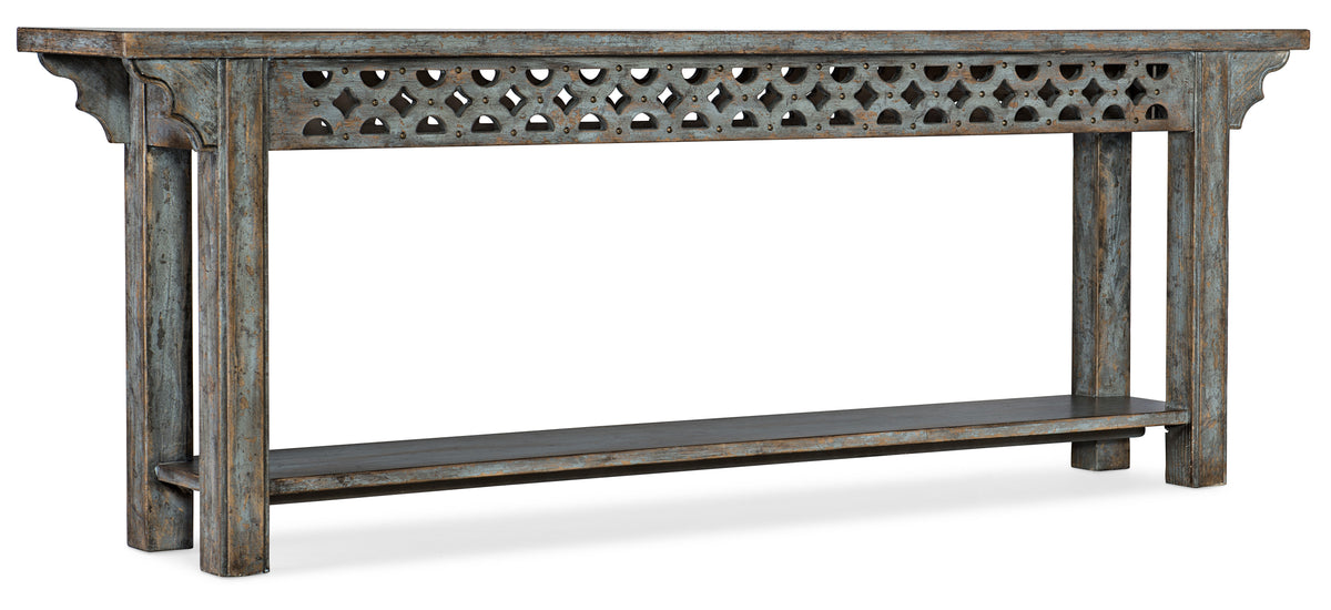 a blue table with a shelf