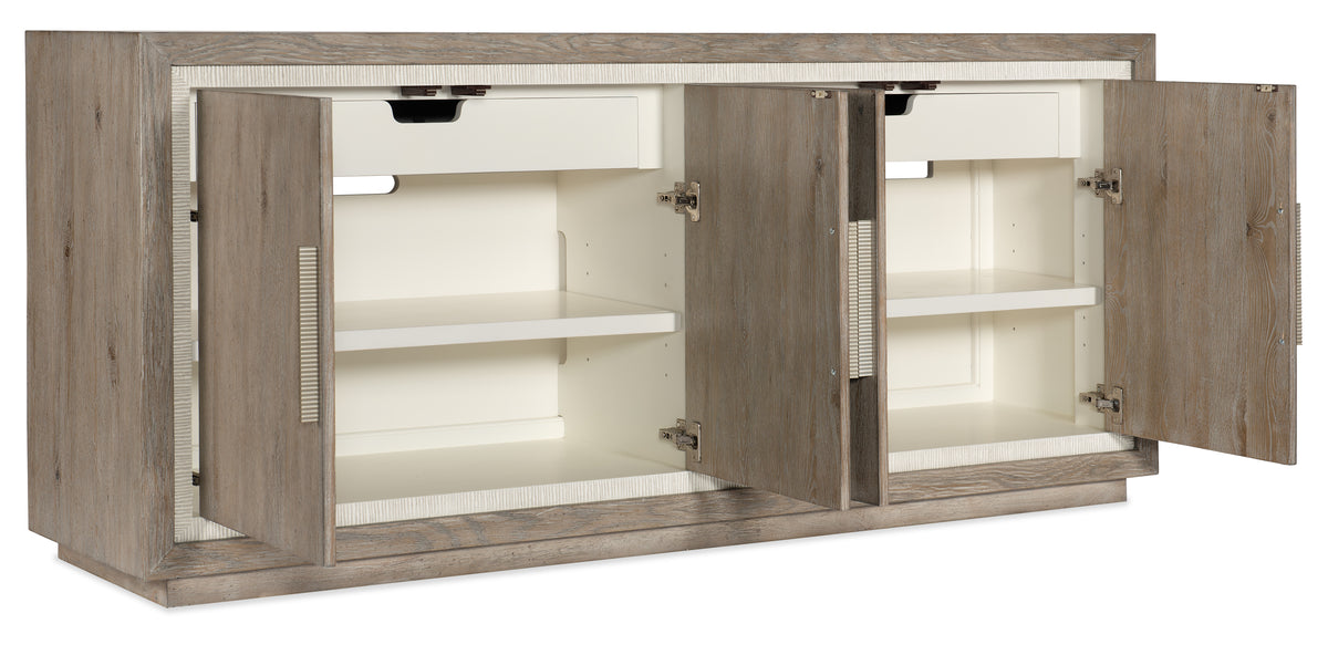 a white and brown cabinet with open doors
