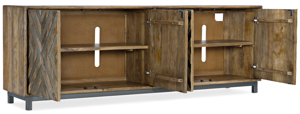 a wooden shelf with open doors