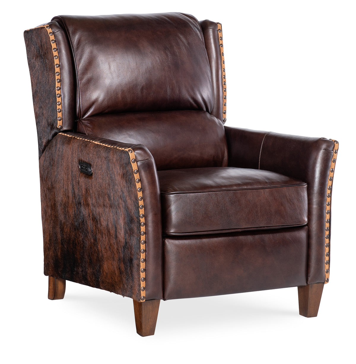 a brown leather chair with wooden legs