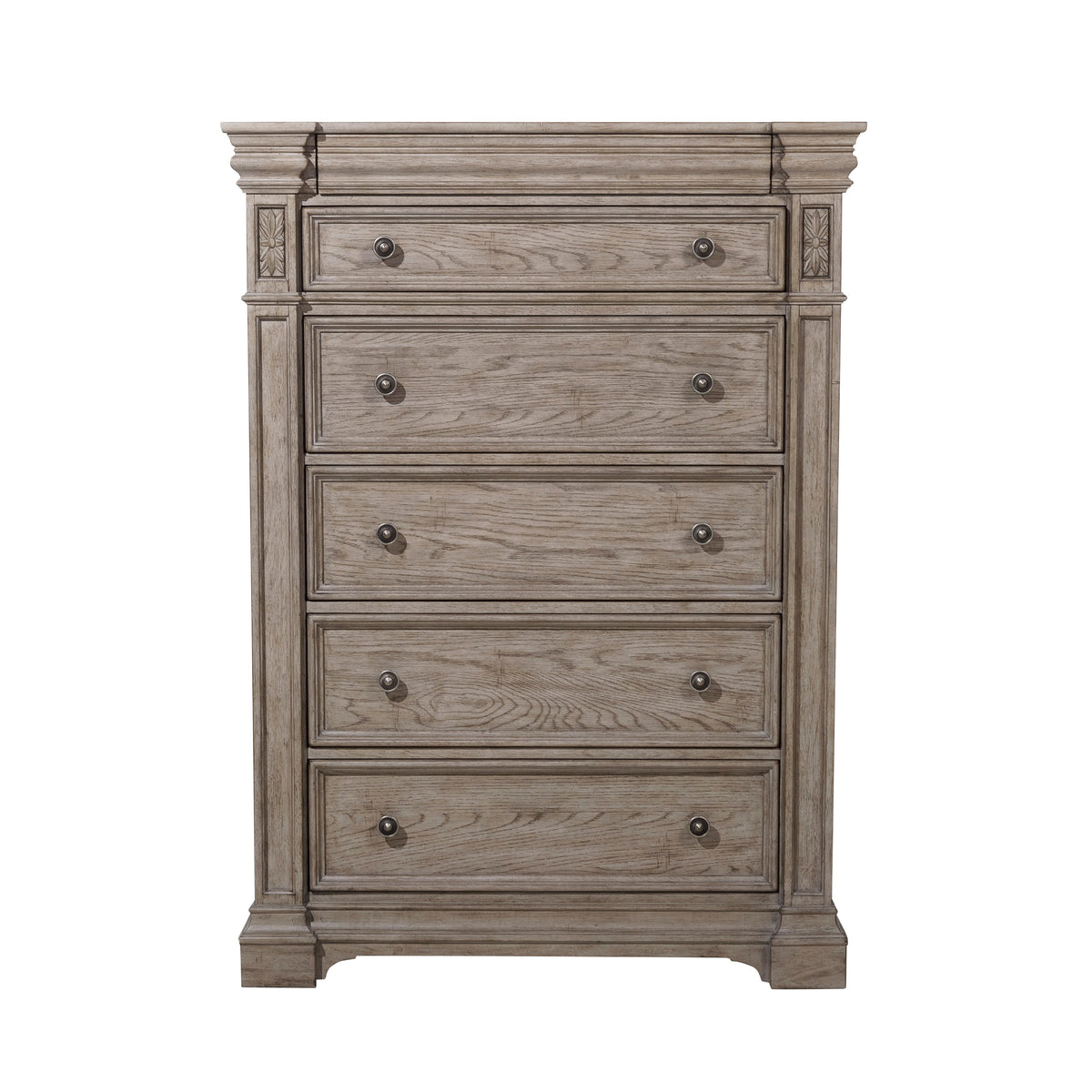 a wooden dresser with silver knobs
