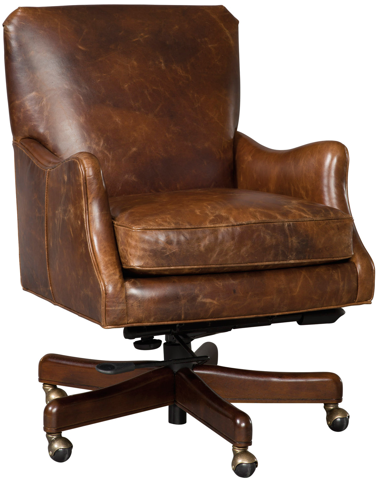 a brown leather chair with wheels