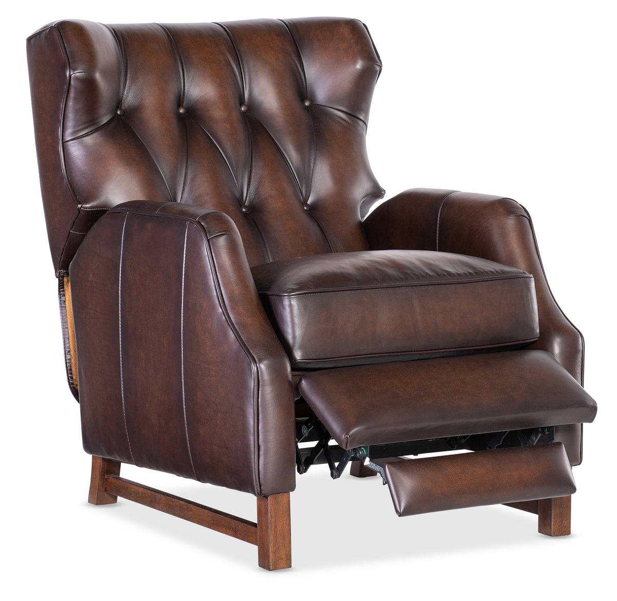 a brown leather recliner with wooden legs