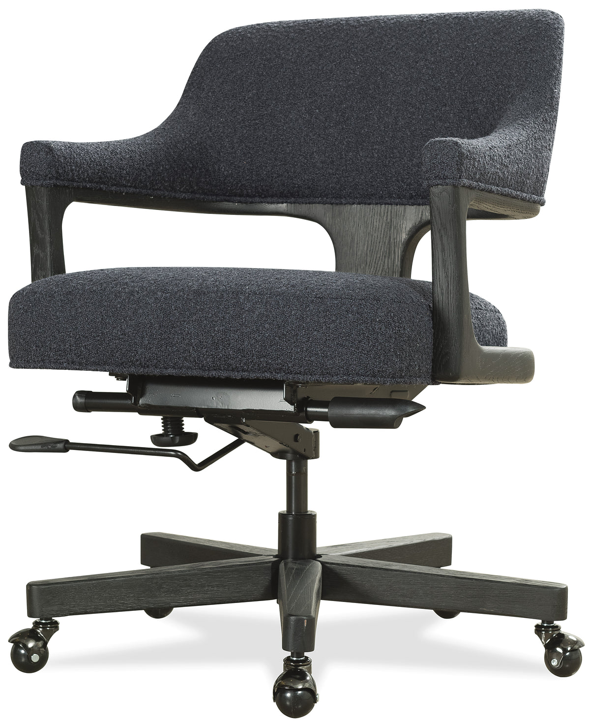 a grey office chair with wheels