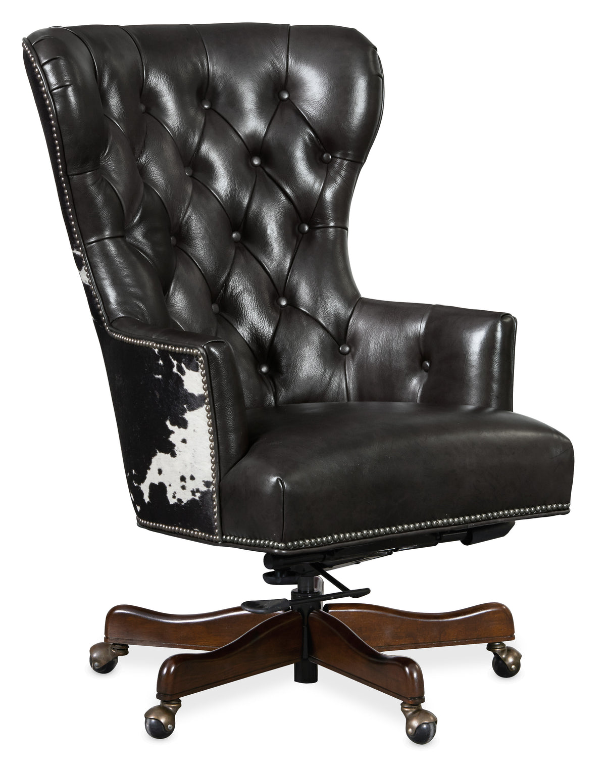 a black leather chair with white fur on the back