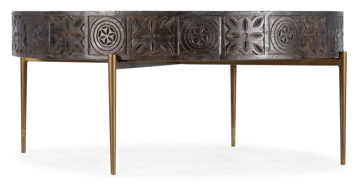 a brown table with a design on it