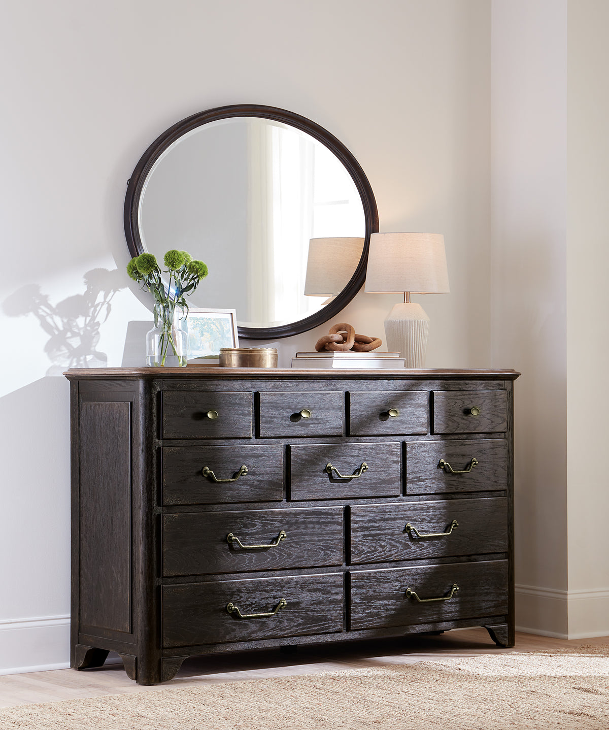 a mirror on a dresser