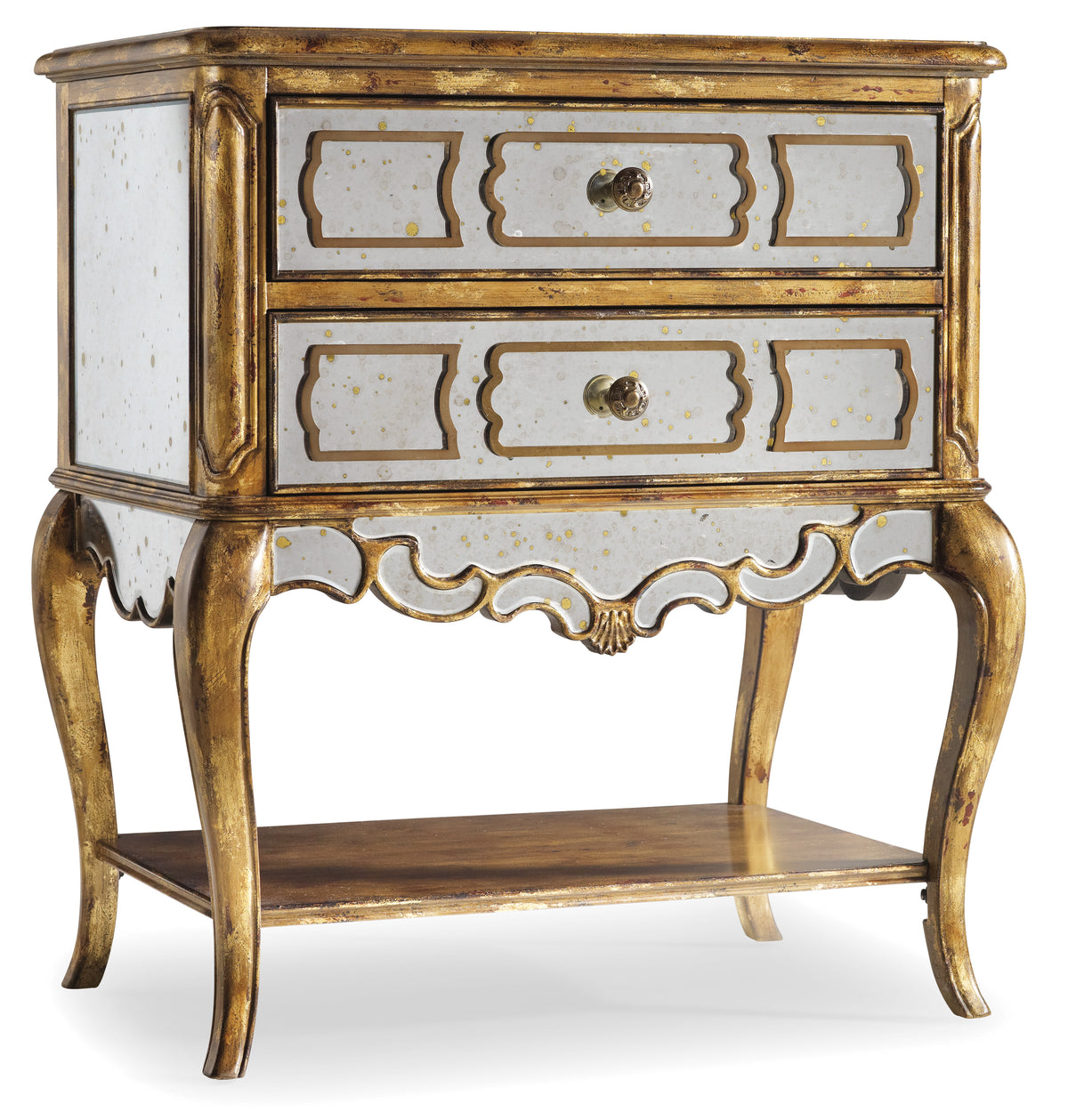 a white and gold chest of drawers