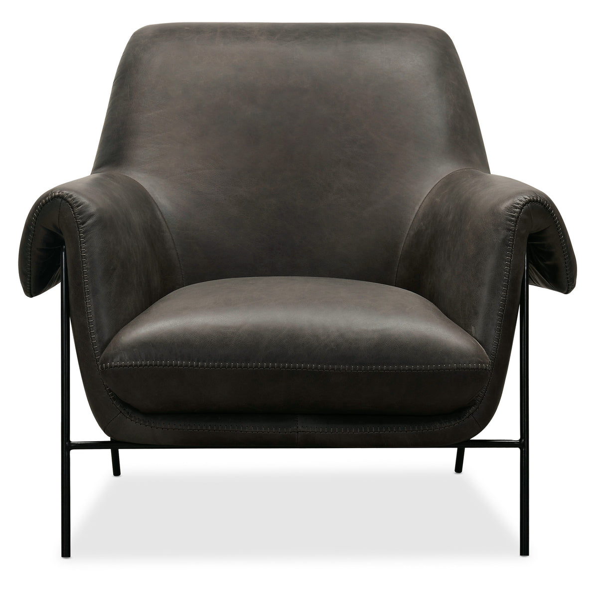 a black leather chair with metal legs