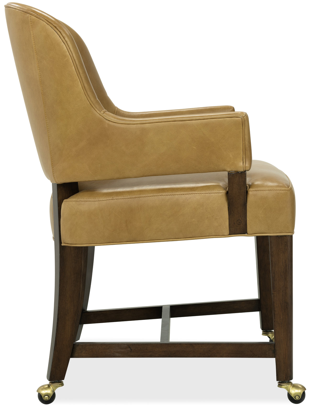 a brown leather chair with wooden legs