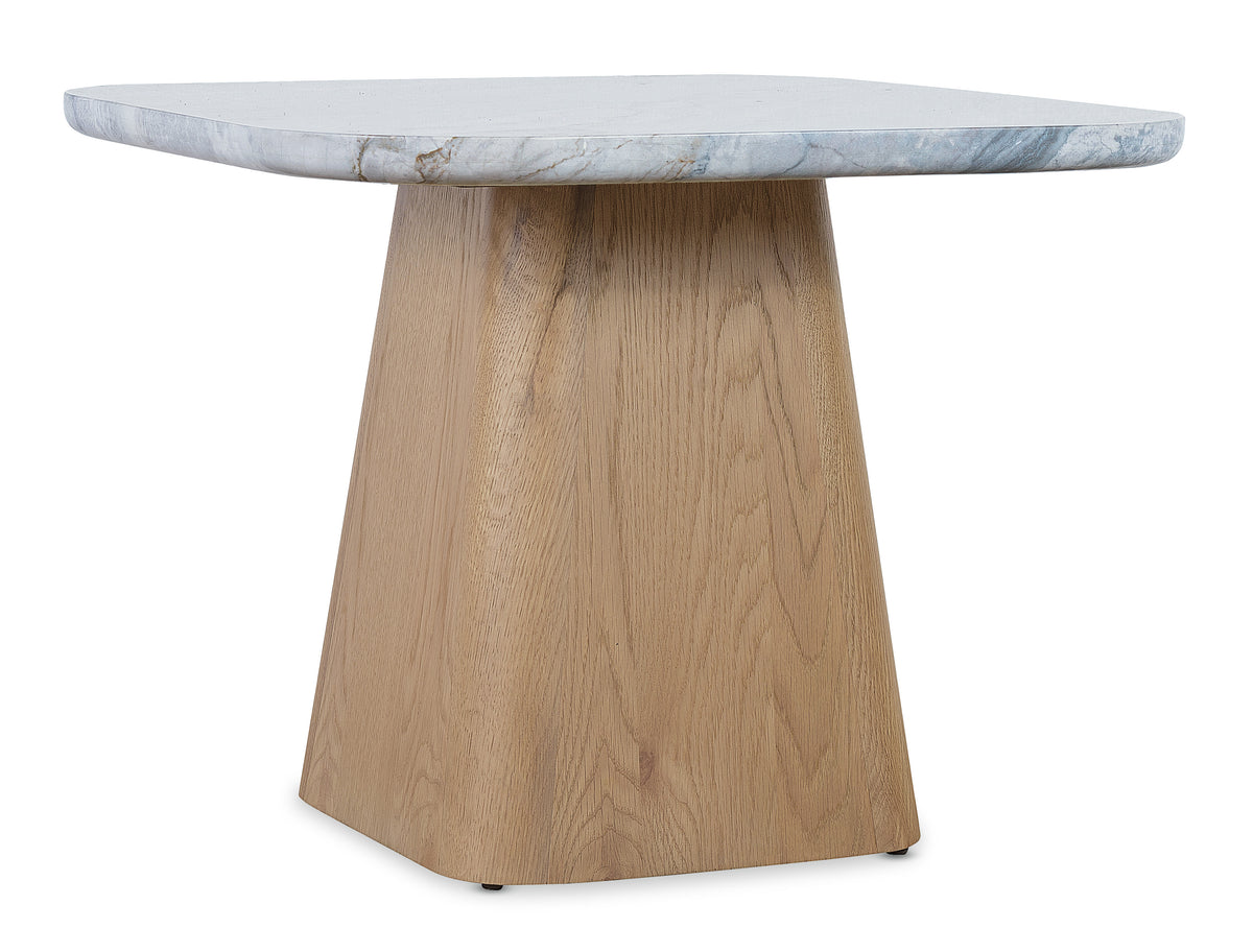 a marble table with a wooden base