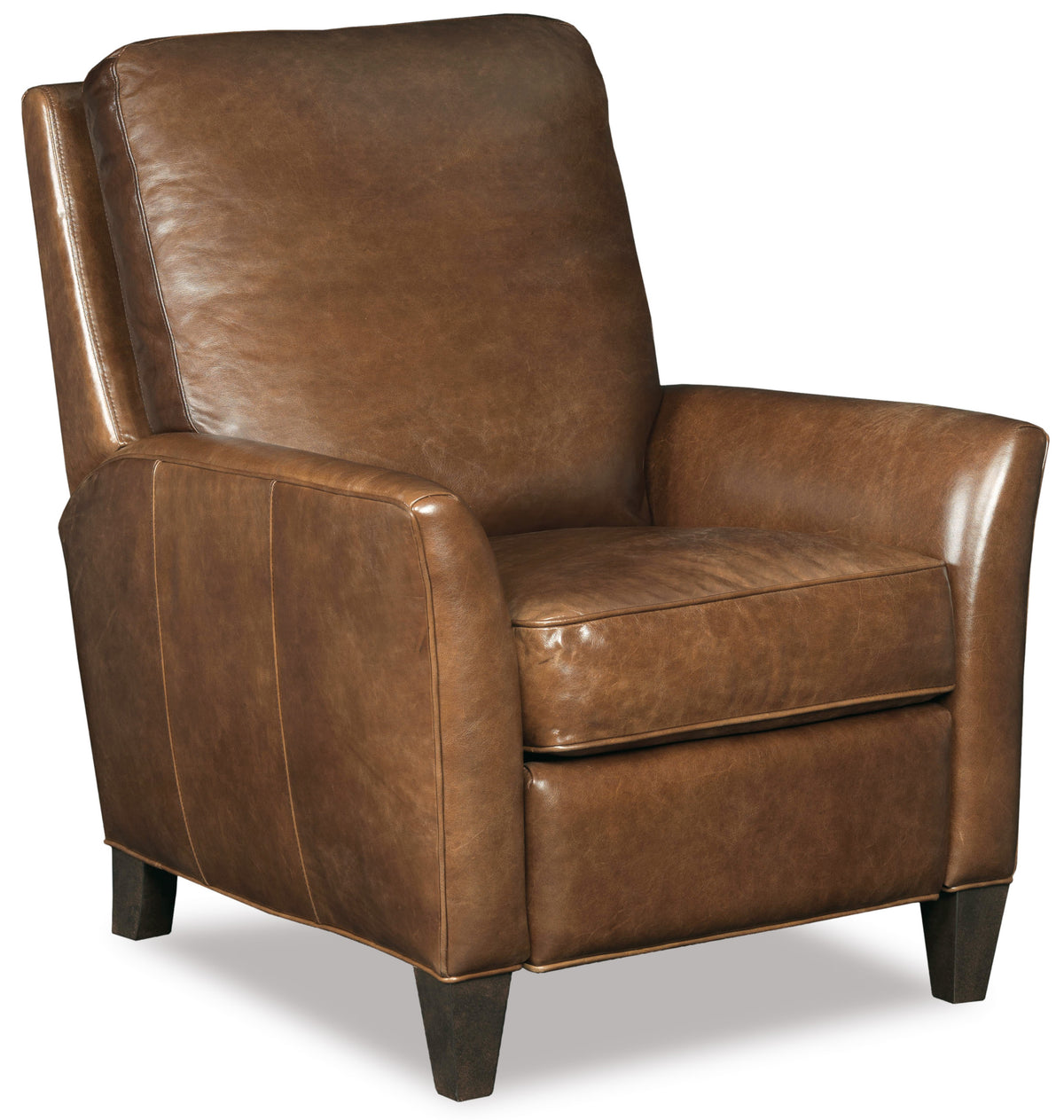 a brown leather chair with wooden legs