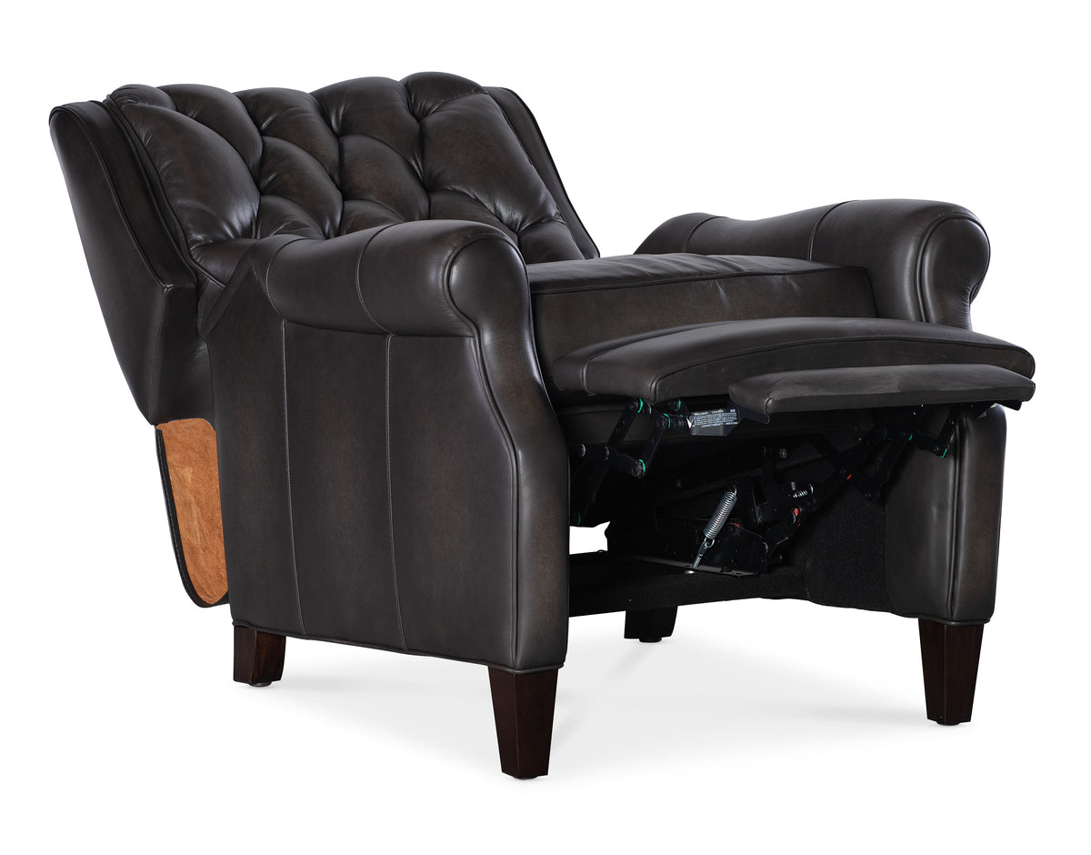 a black leather recliner with legs