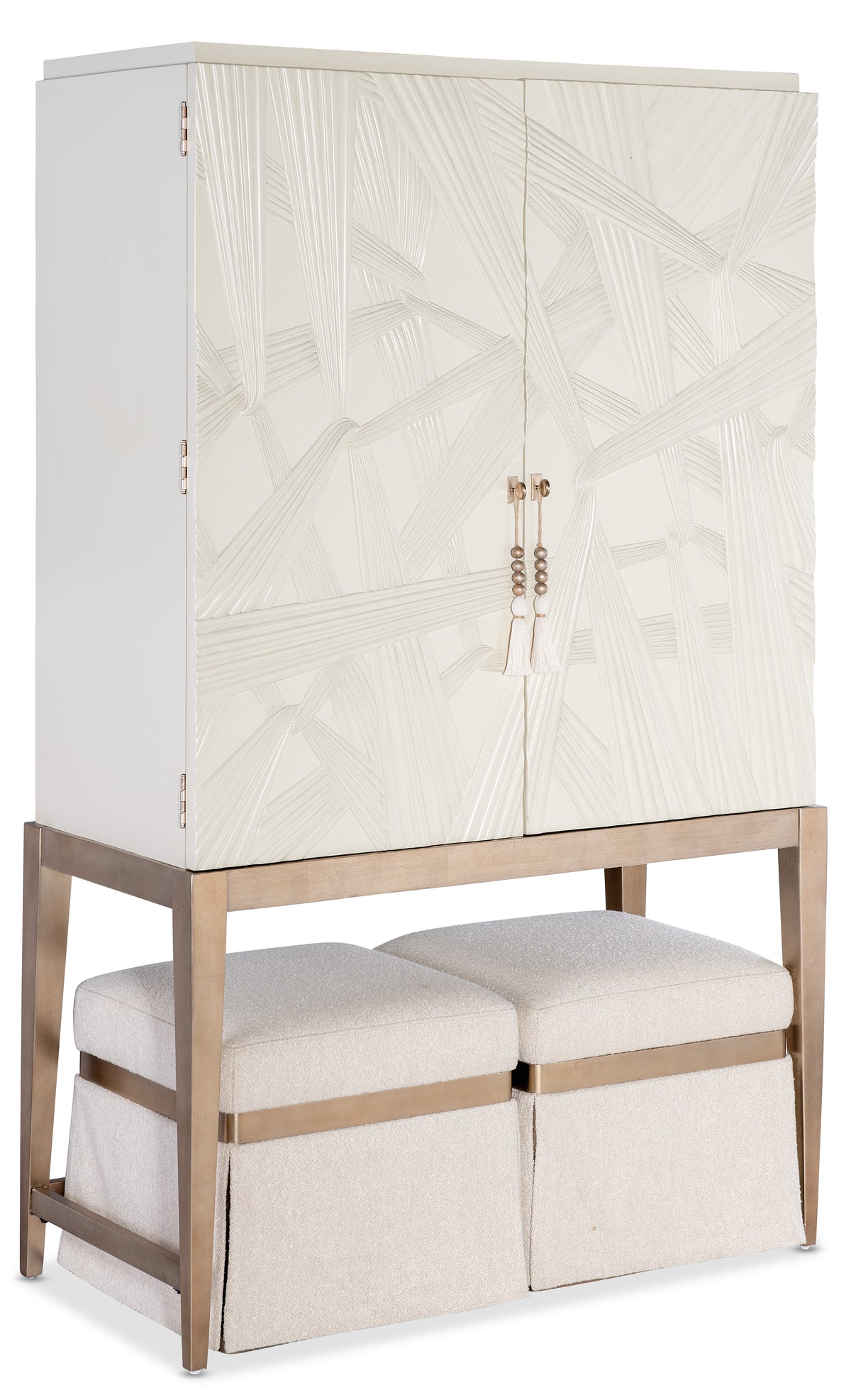 a white cabinet with a pair of stools
