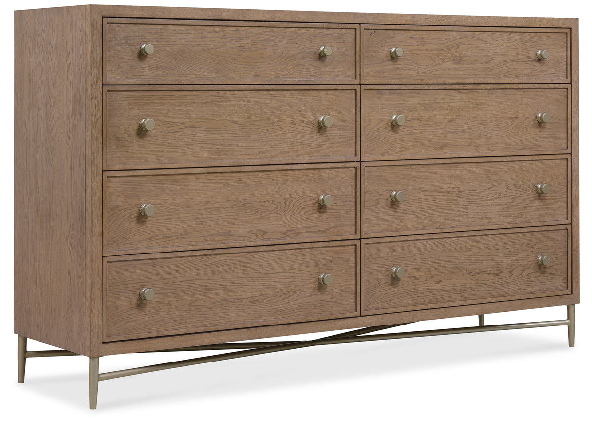 a brown dresser with silver handles