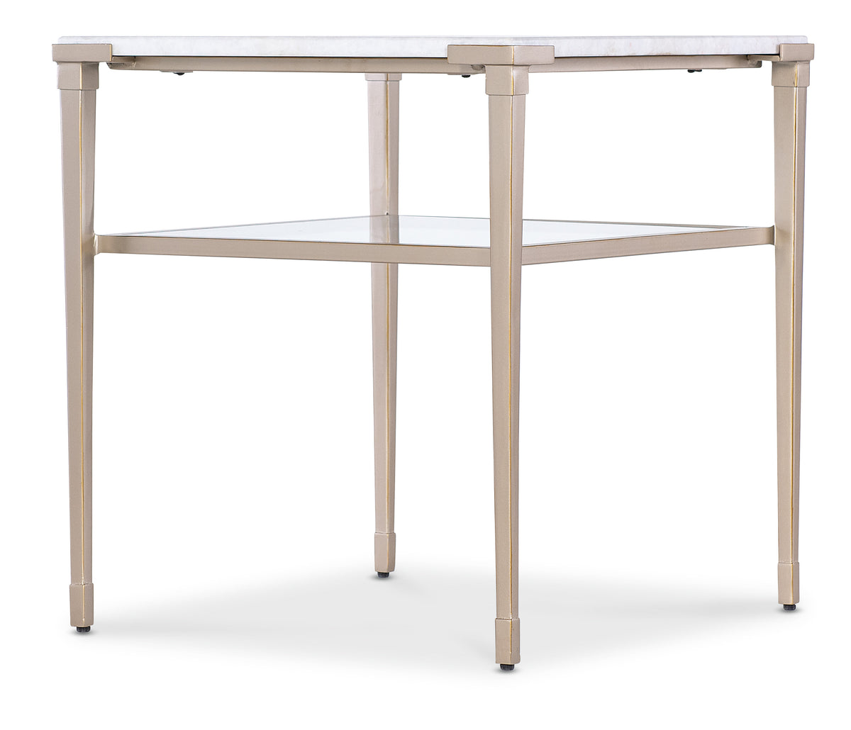 a white table with a shelf