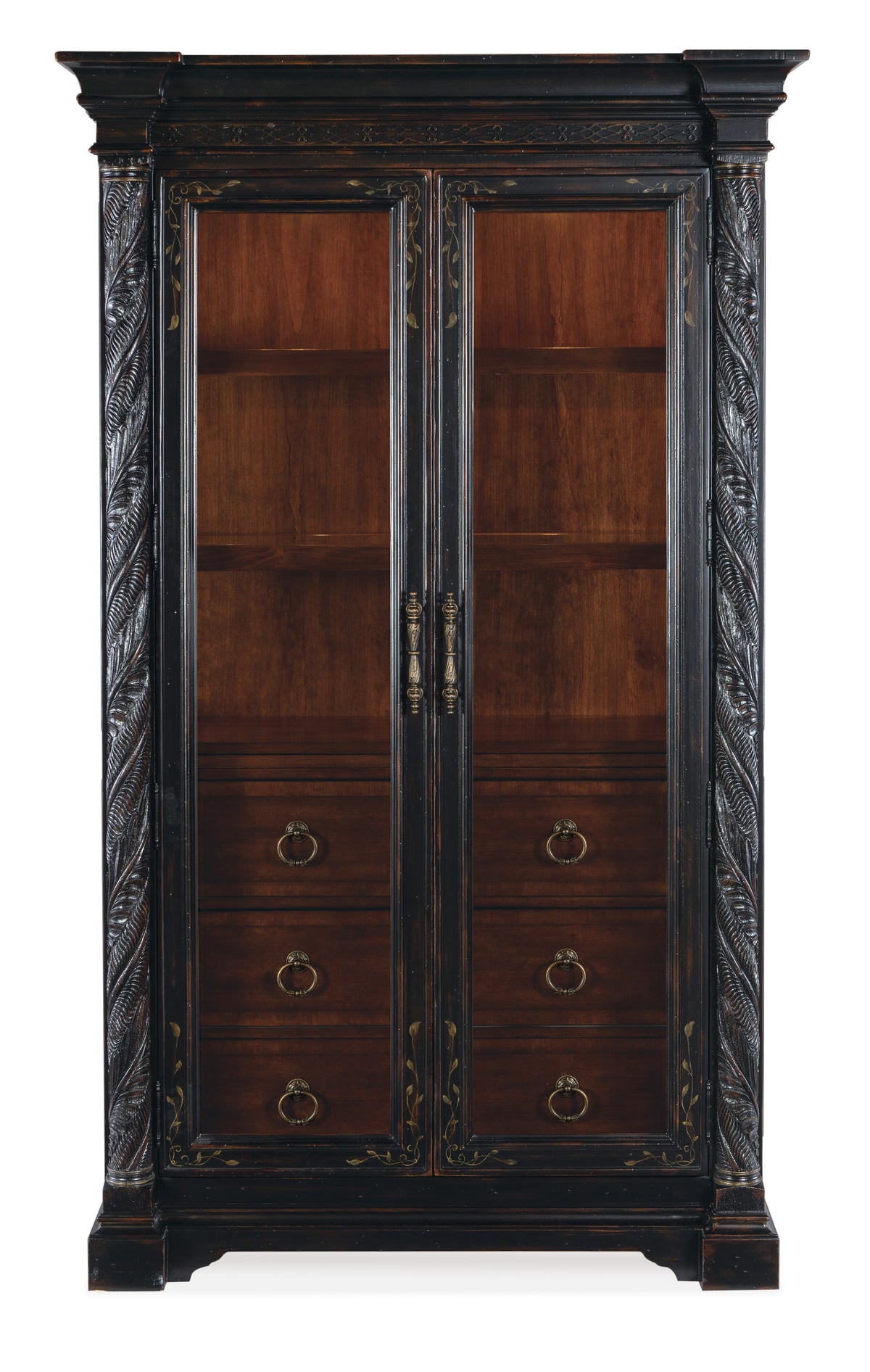 a wooden cabinet with glass doors