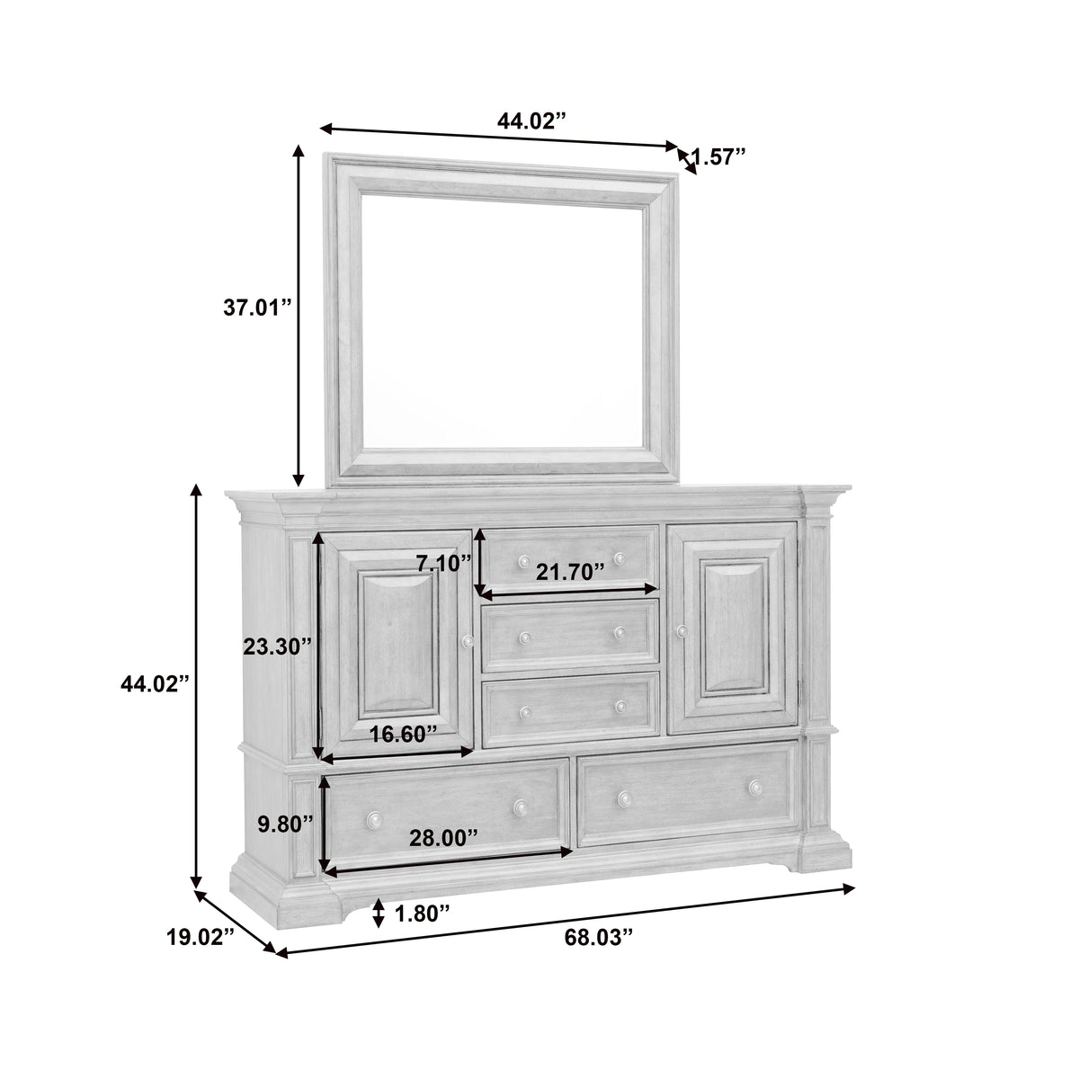 a white dresser with a mirror and a mirror