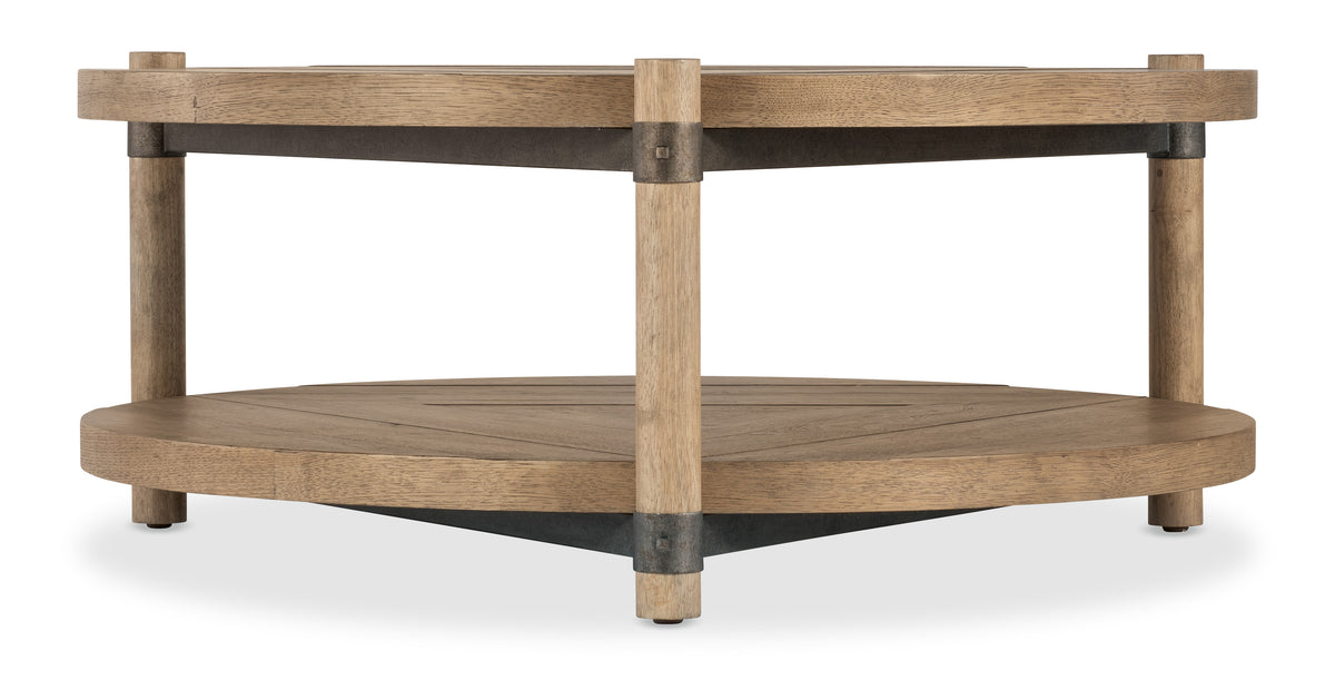 a wood shelf with metal corners
