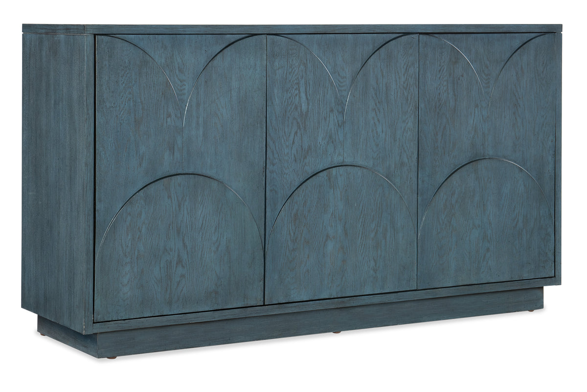 a blue cabinet with a curved design
