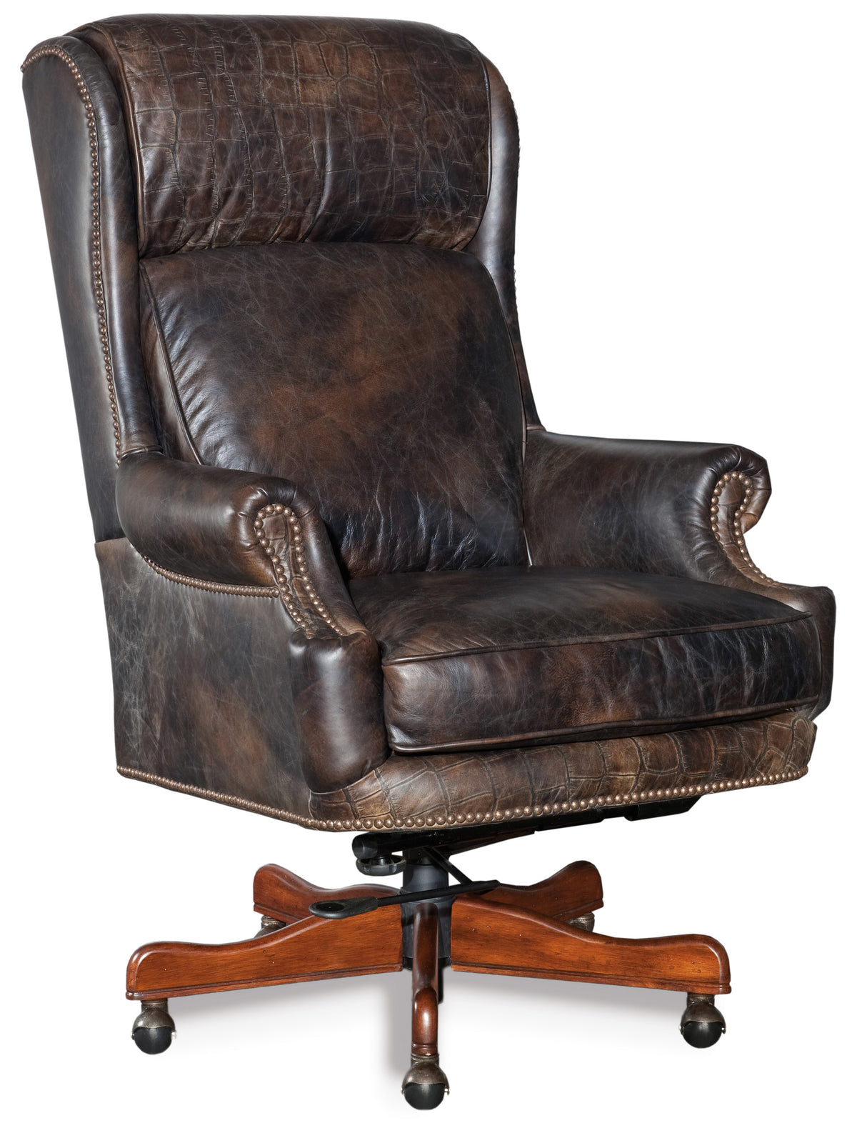 a brown leather chair with wooden legs