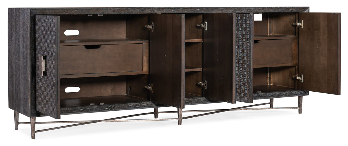 a wooden cabinet with open doors