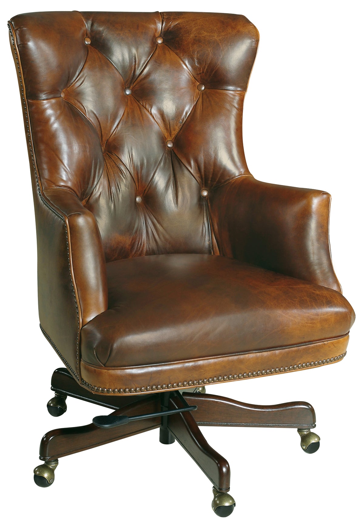 a brown leather chair with wheels