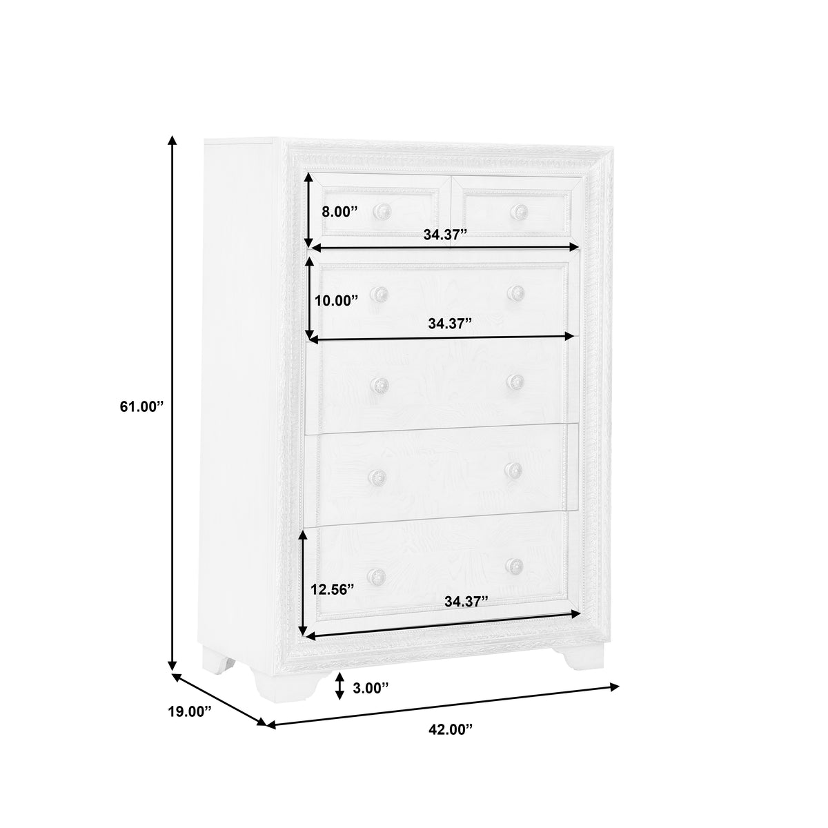 a white chest of drawers with measurements