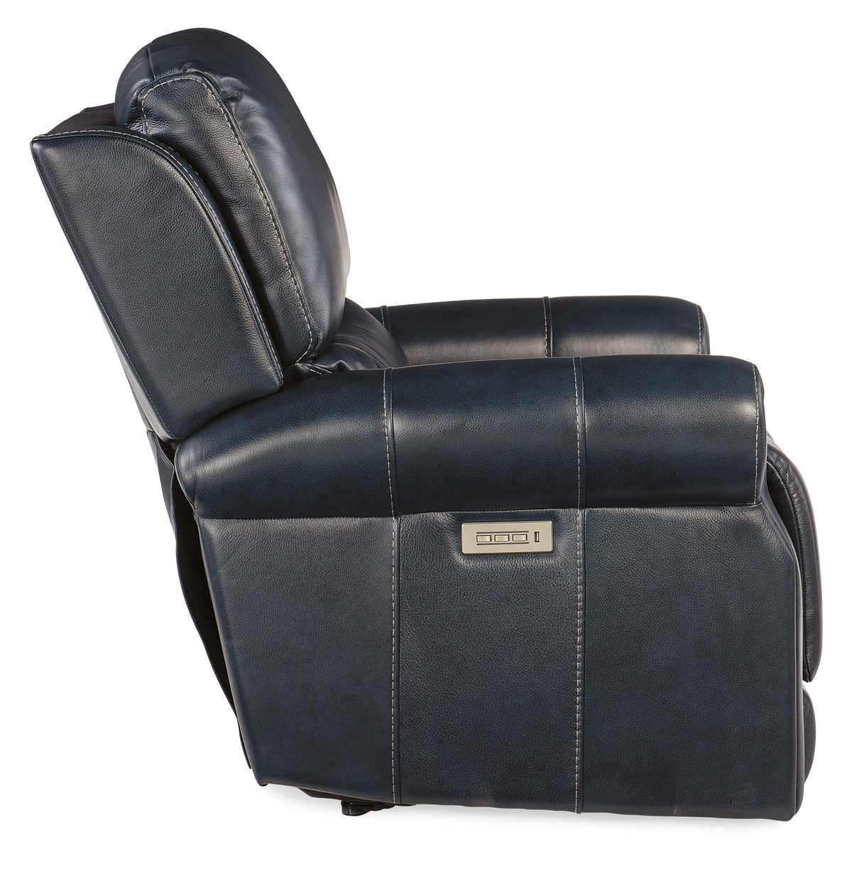 a black leather recliner with a button on the side