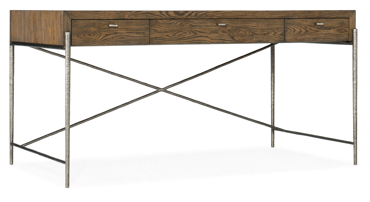 a wooden desk with metal legs