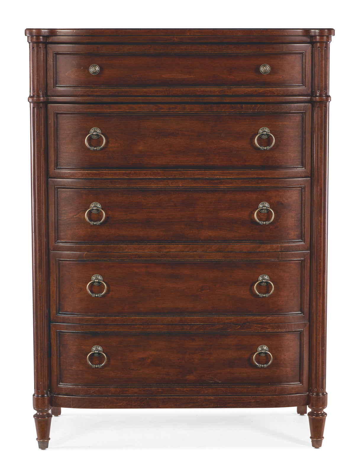 a brown dresser with gold handles
