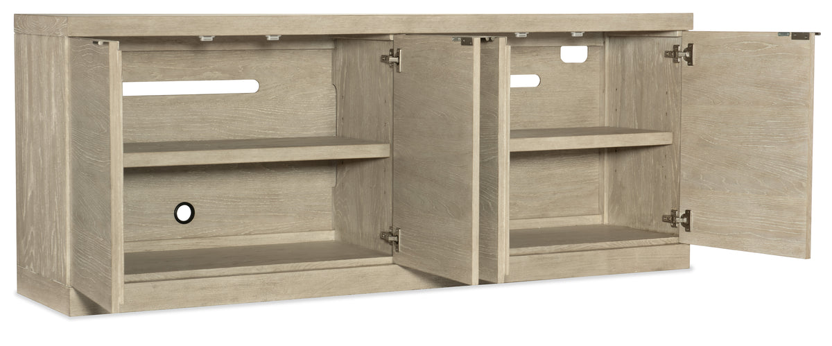 a wooden shelf with open doors