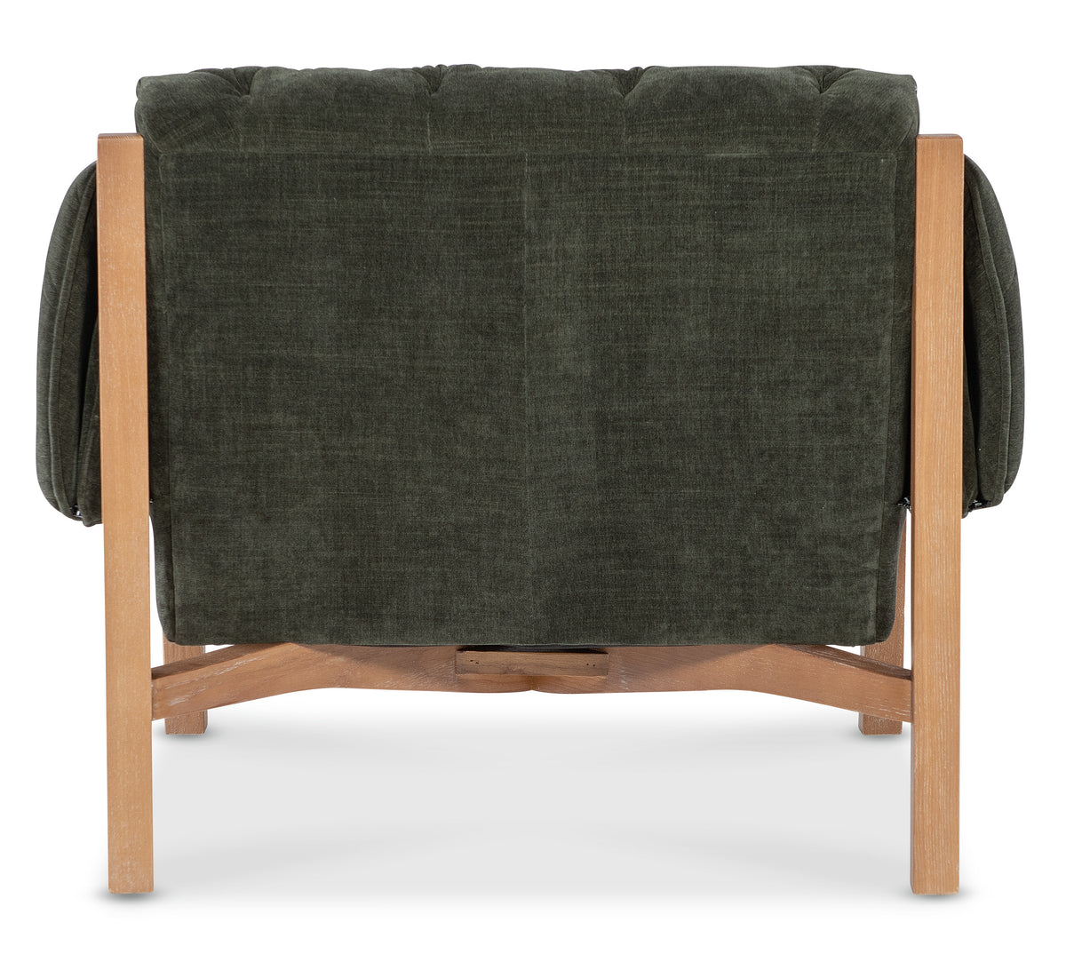a green chair with wooden armrests