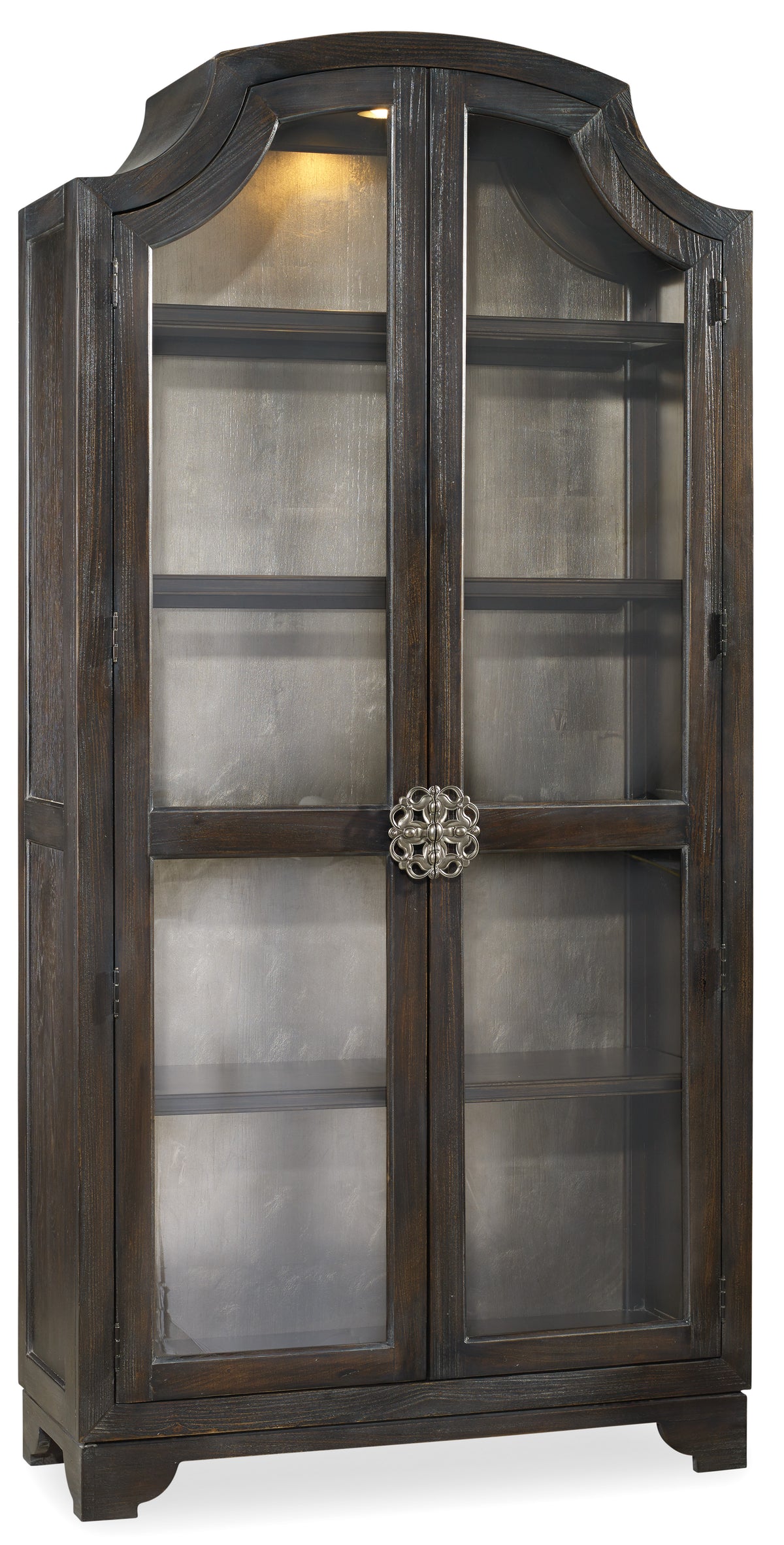 a wooden cabinet with glass doors