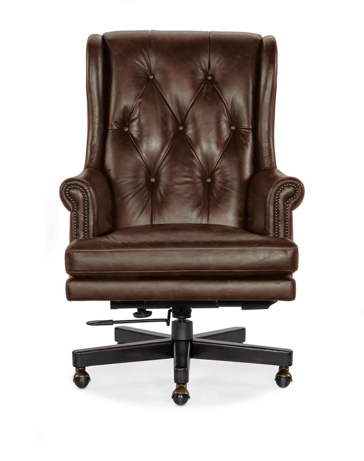 a brown leather chair with wheels