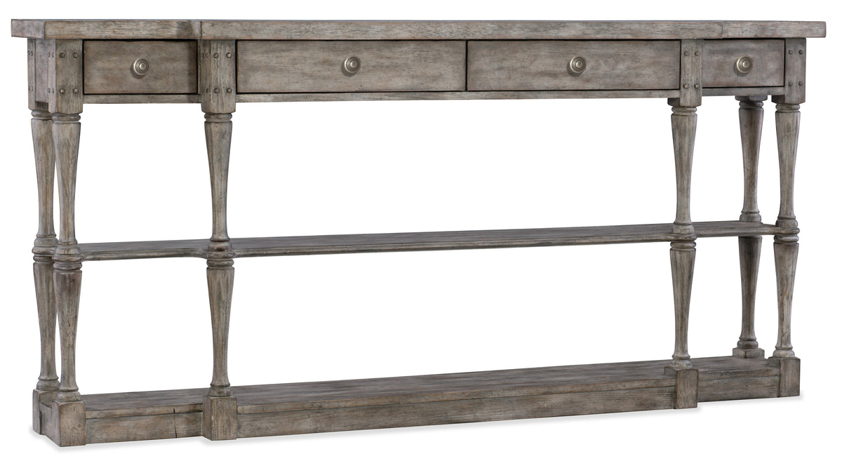 a wooden table with drawers