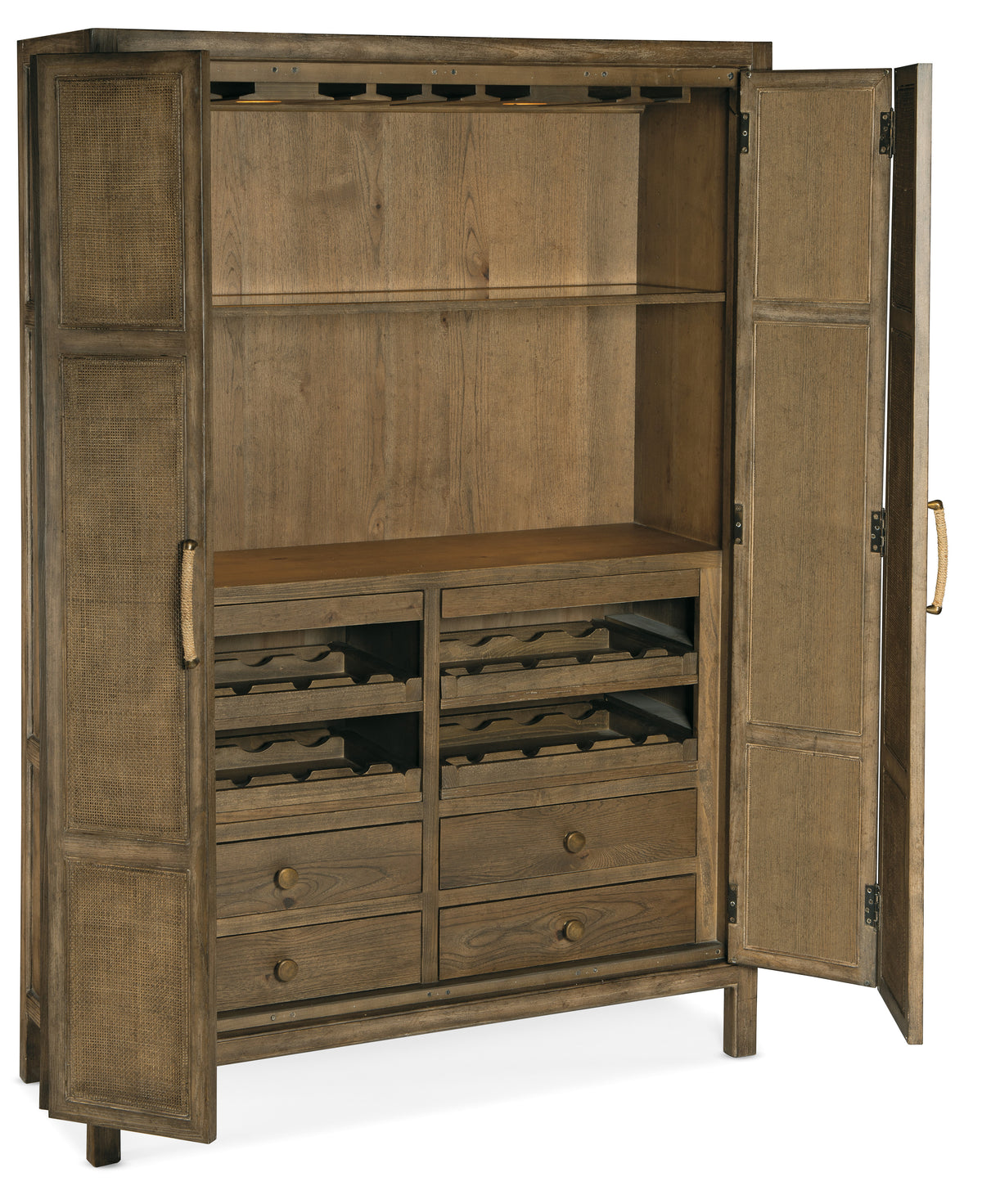 a wooden cabinet with shelves and drawers