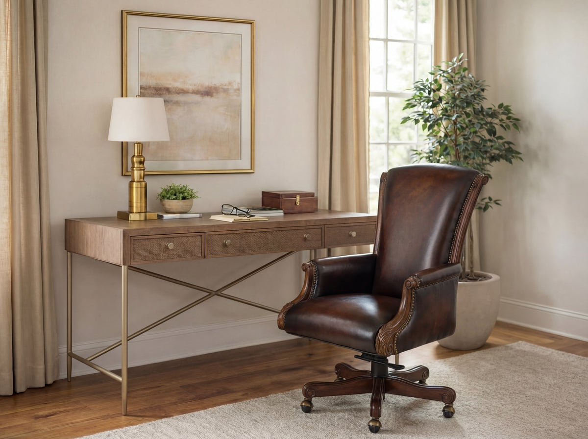 a brown leather chair next to a desk