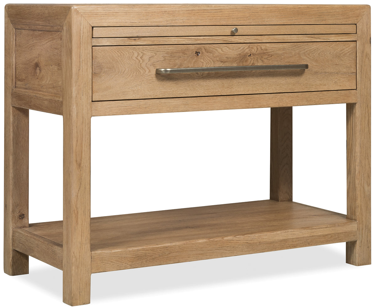 a wooden nightstand with a drawer
