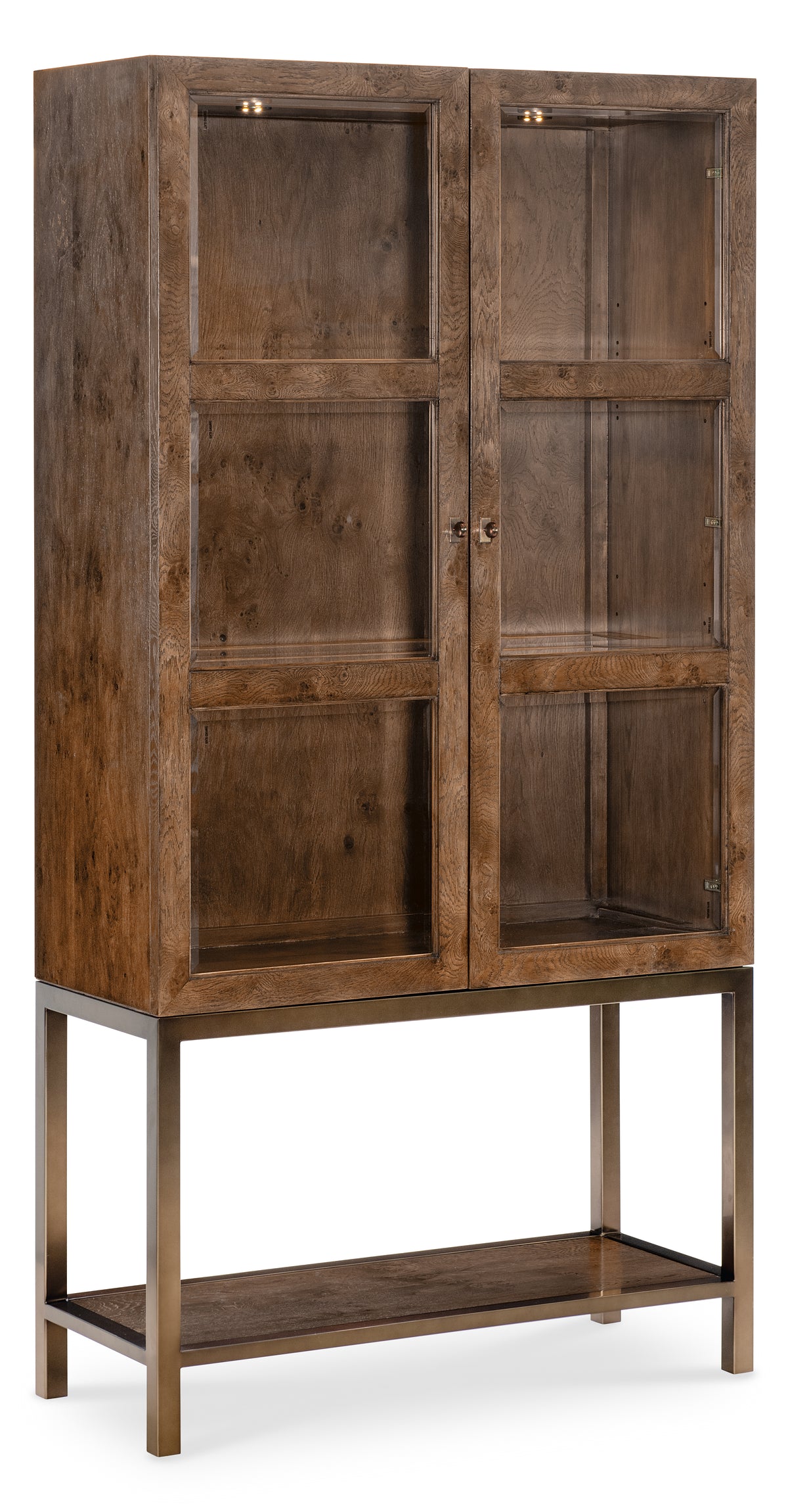 a wood cabinet with glass doors