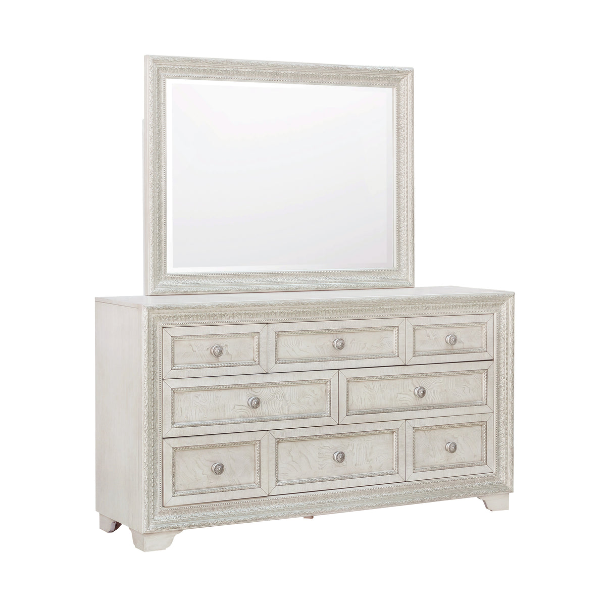 a white dresser with a mirror