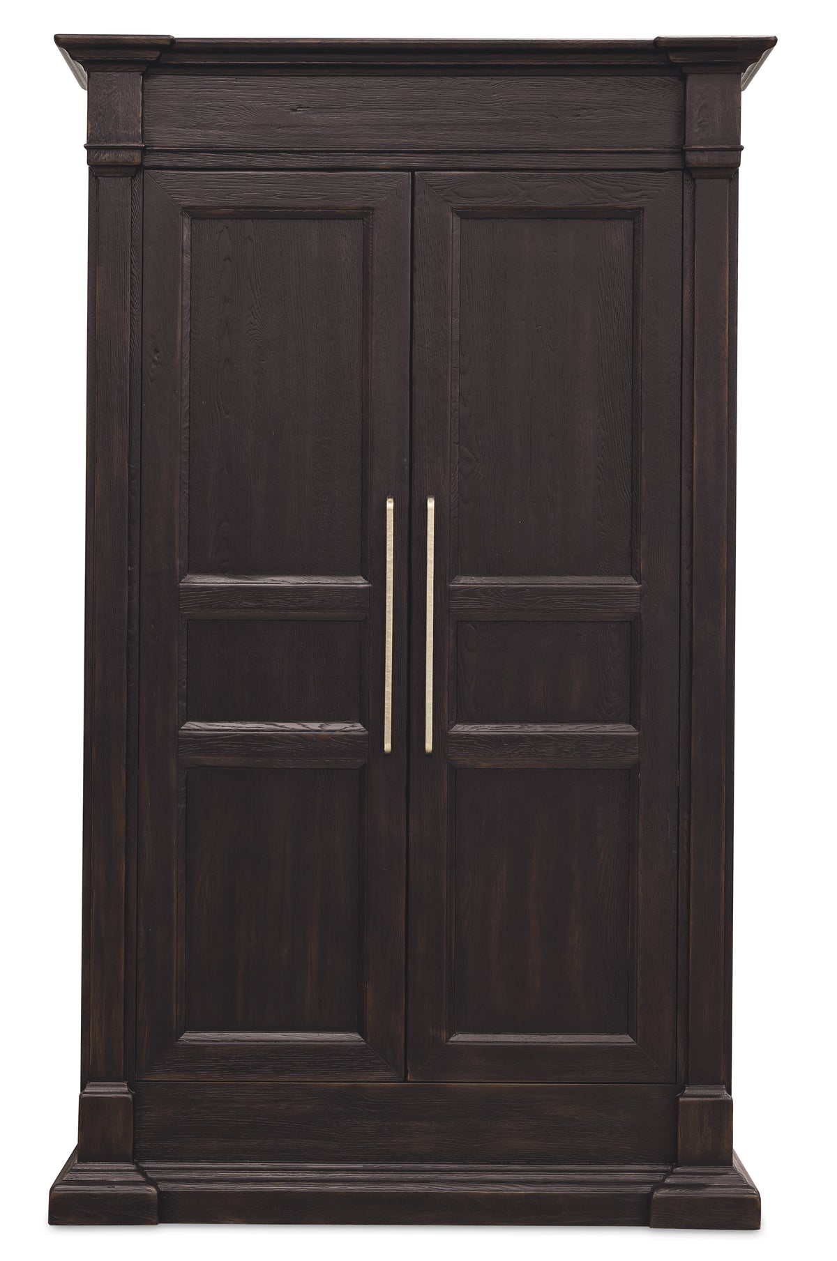 a black cabinet with silver handles
