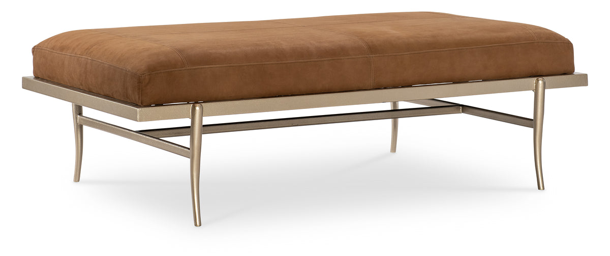 a brown bench with metal legs