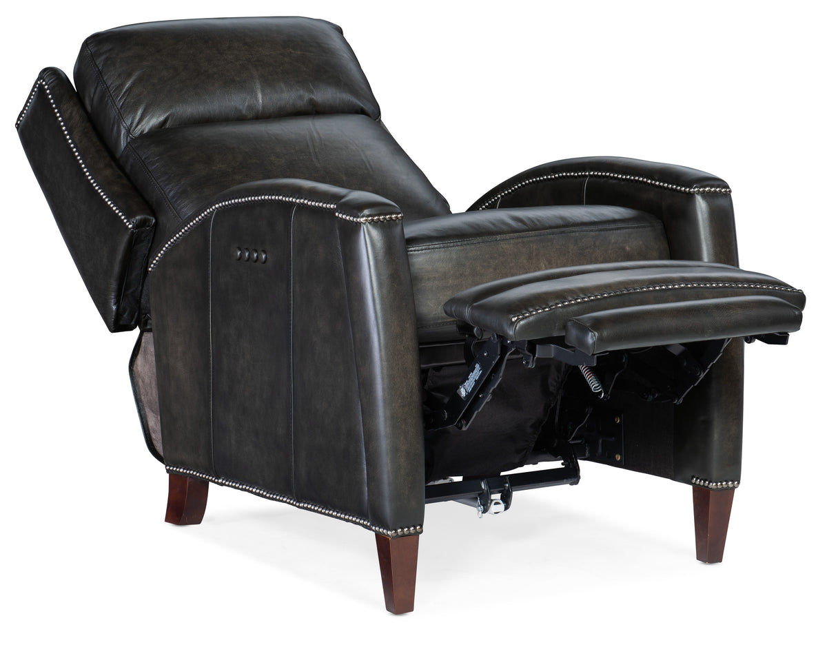 a black leather recliner with wooden legs
