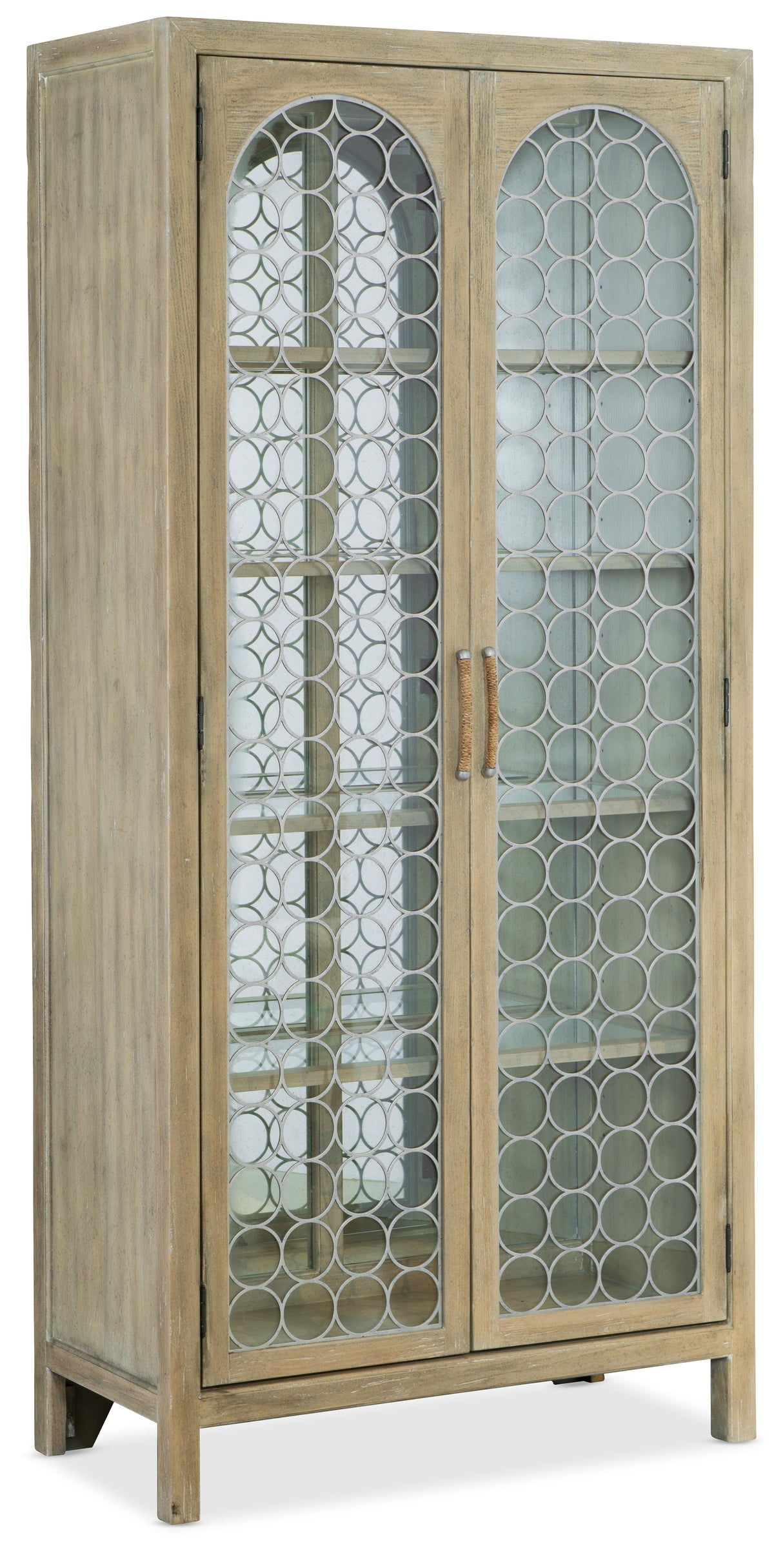 a wooden cabinet with glass doors