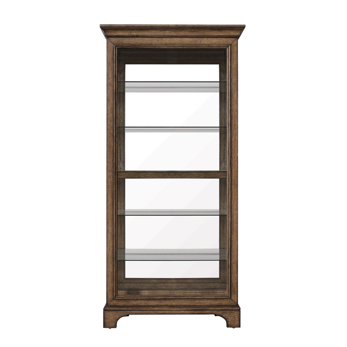 a wooden cabinet with glass shelves