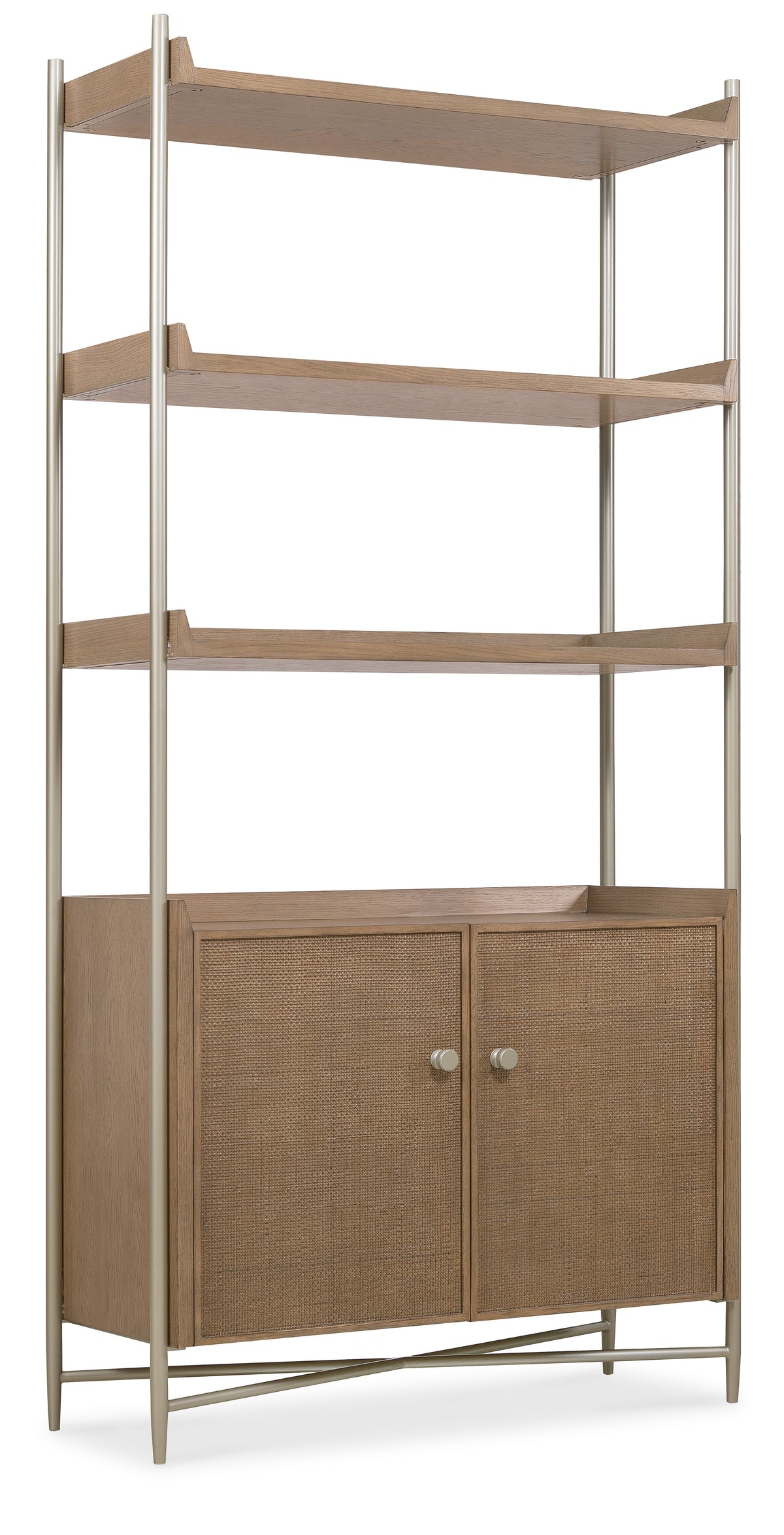a brown shelf with a wicker cabinet