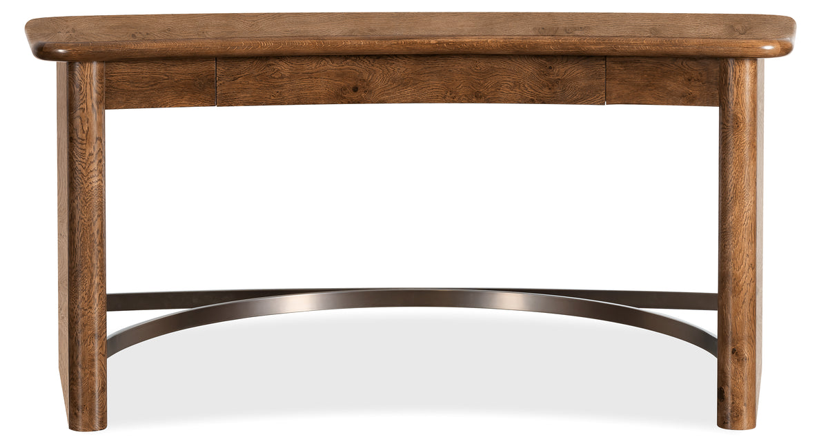 a wooden table with a metal base