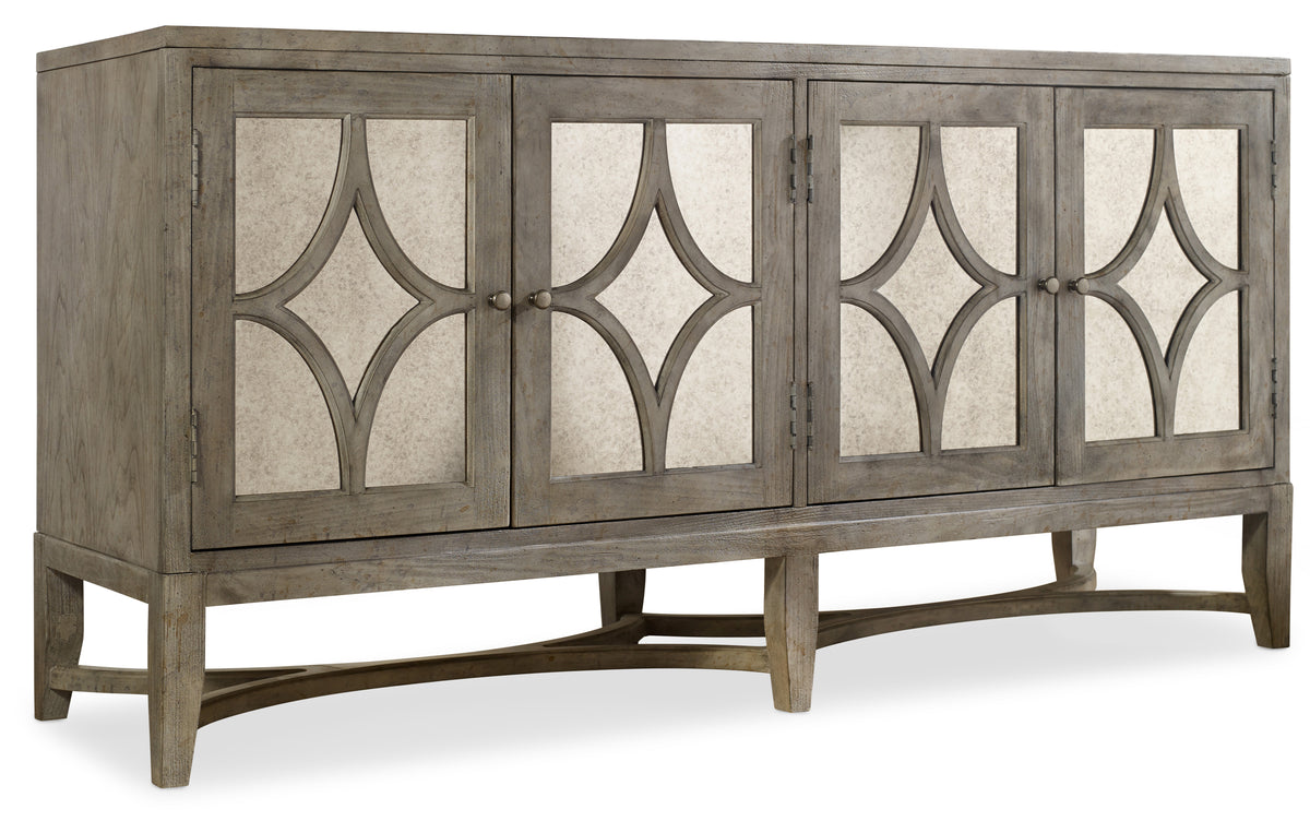 a grey cabinet with glass doors