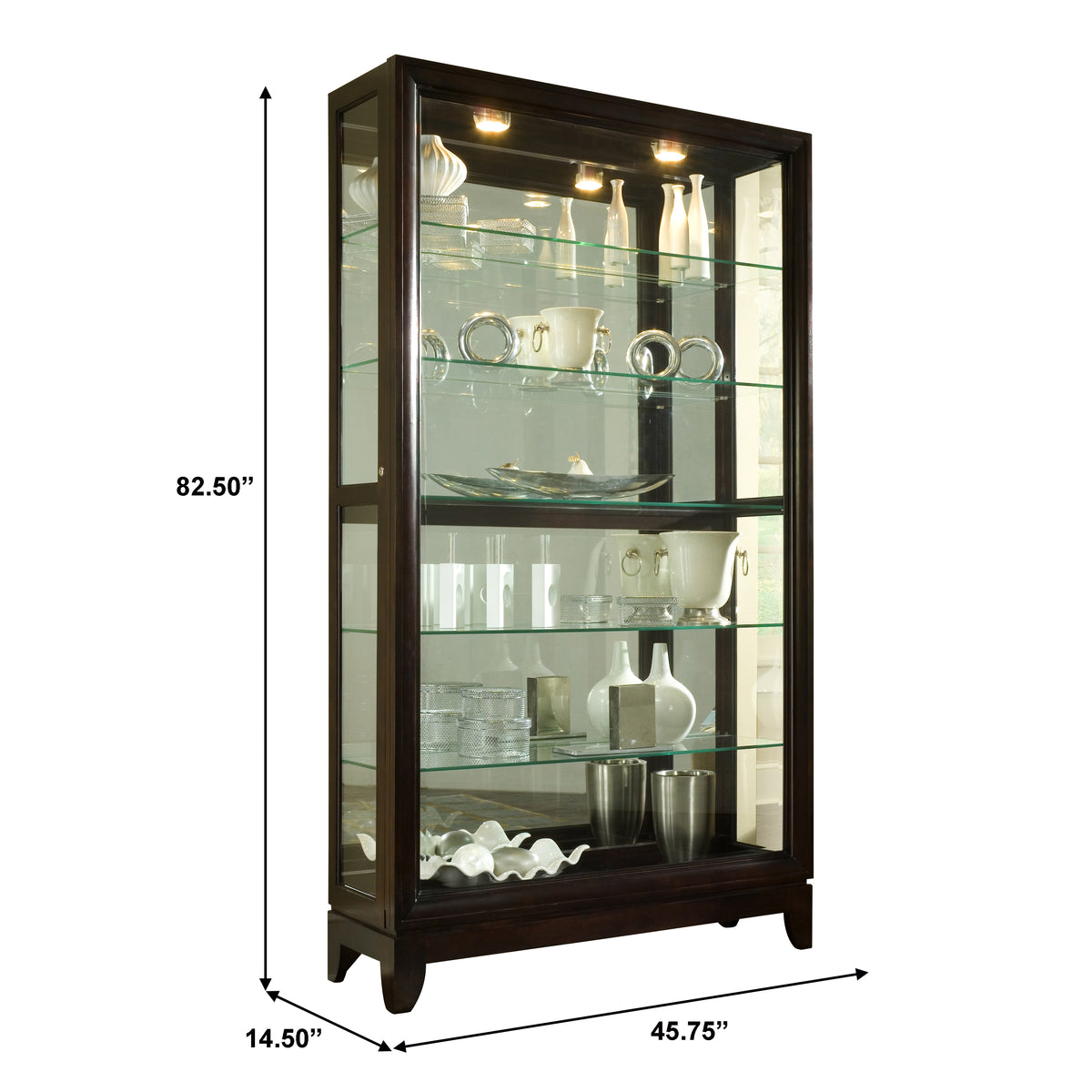 a tall glass cabinet with glass shelves